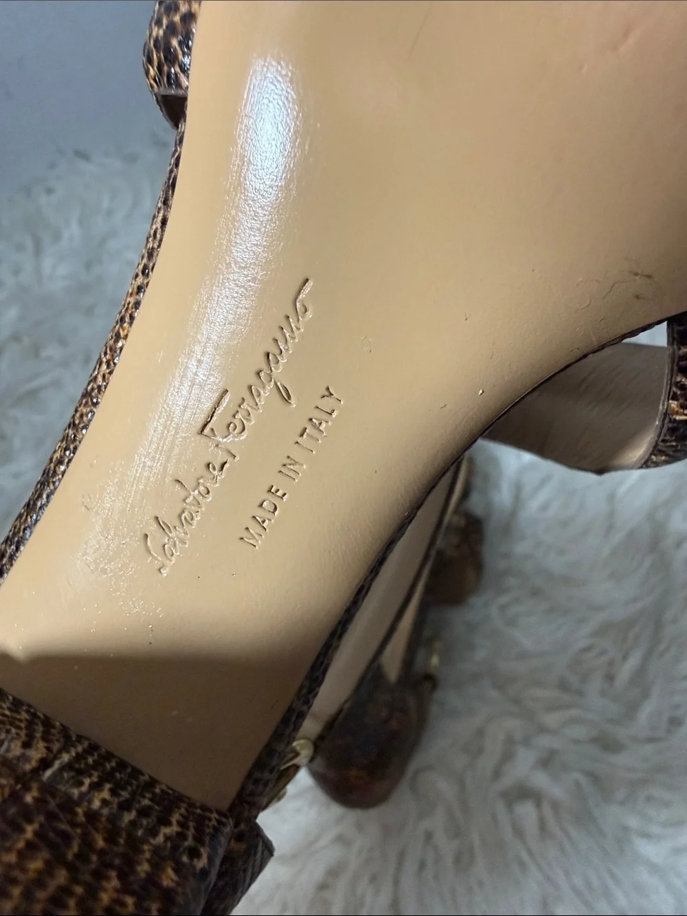 RARE Salvatore Ferragamo Brown Snakeskin Crisscross Strap Heels size 6 to 6.5